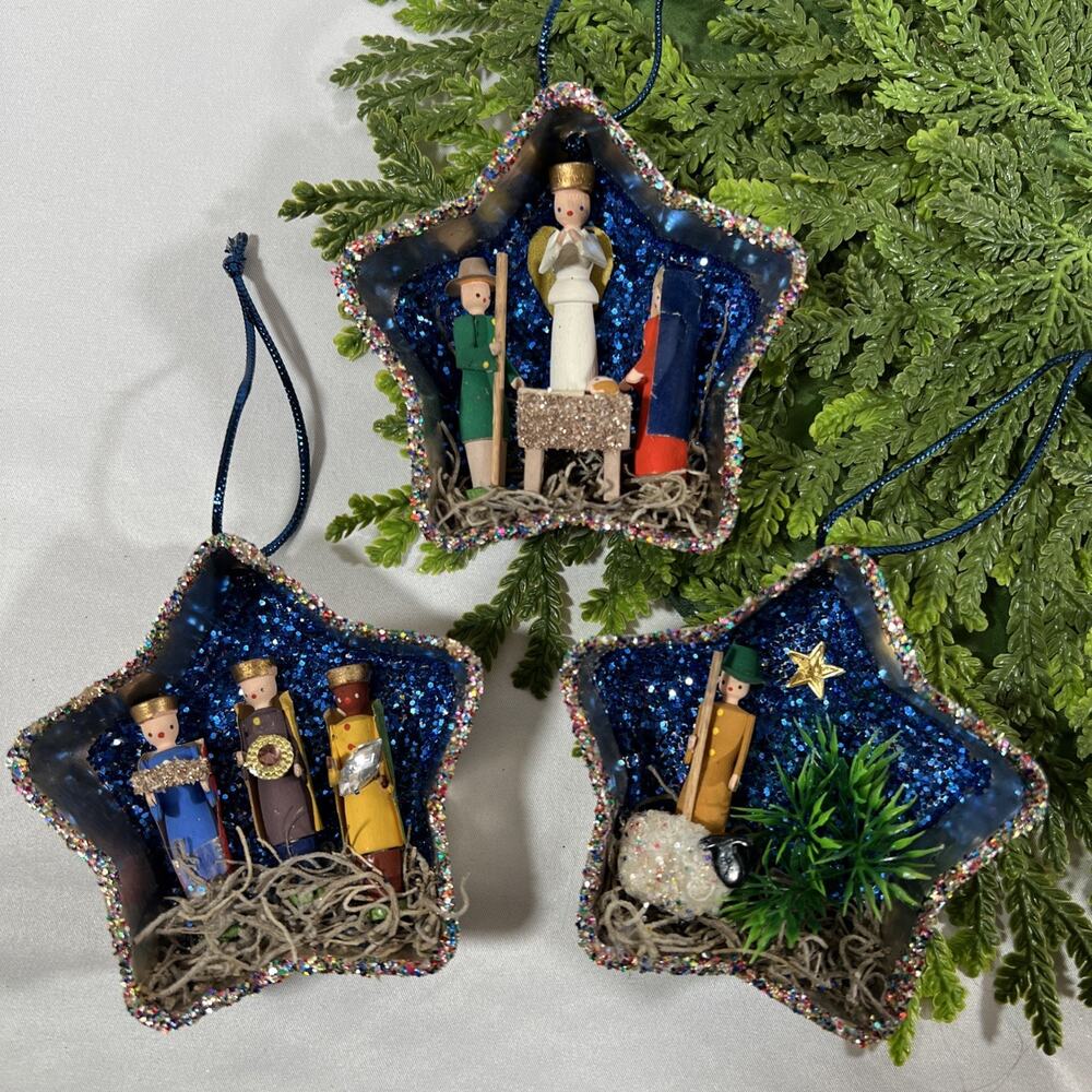 Handmade Vintage Star Tart Tins Nativity Trio Set of 3 Ornaments Glitter Diorama